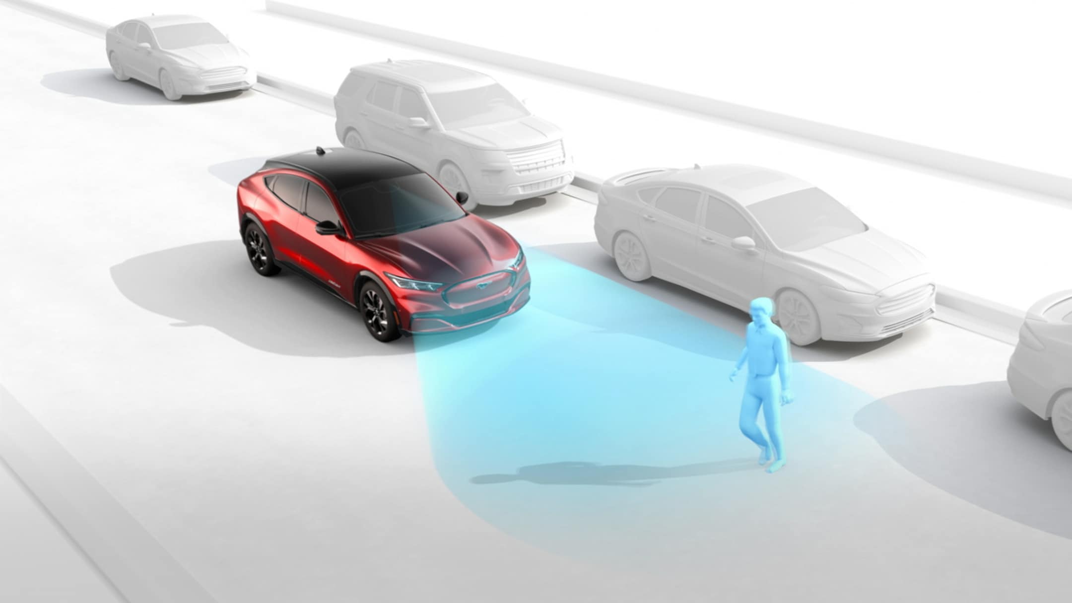 All-New Ford Mustang Mach-E detecting a pedestrian with the Pre-Collision Assist feature