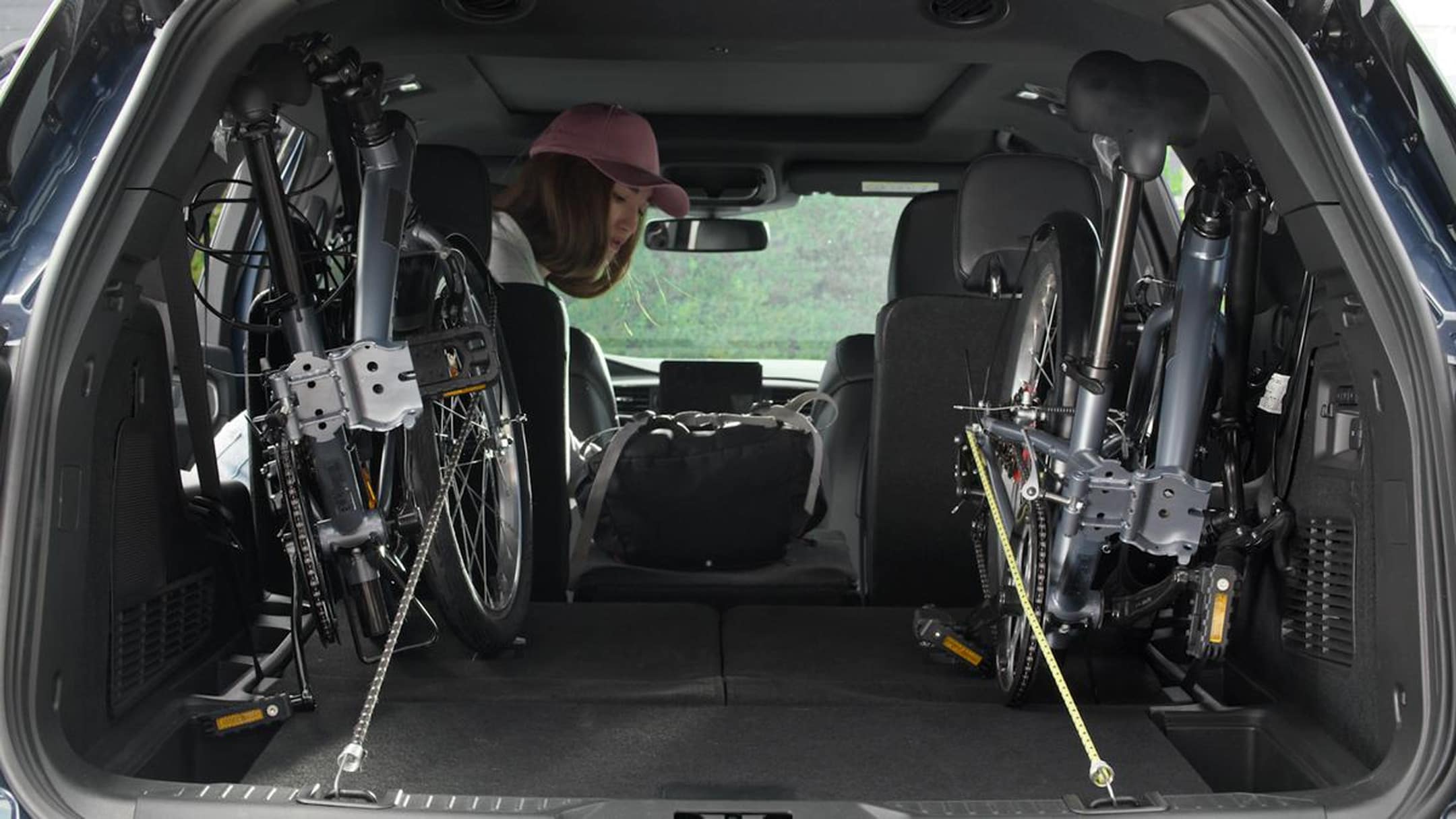 Ford Explorer detail of interior with folded bikes showing generous load space