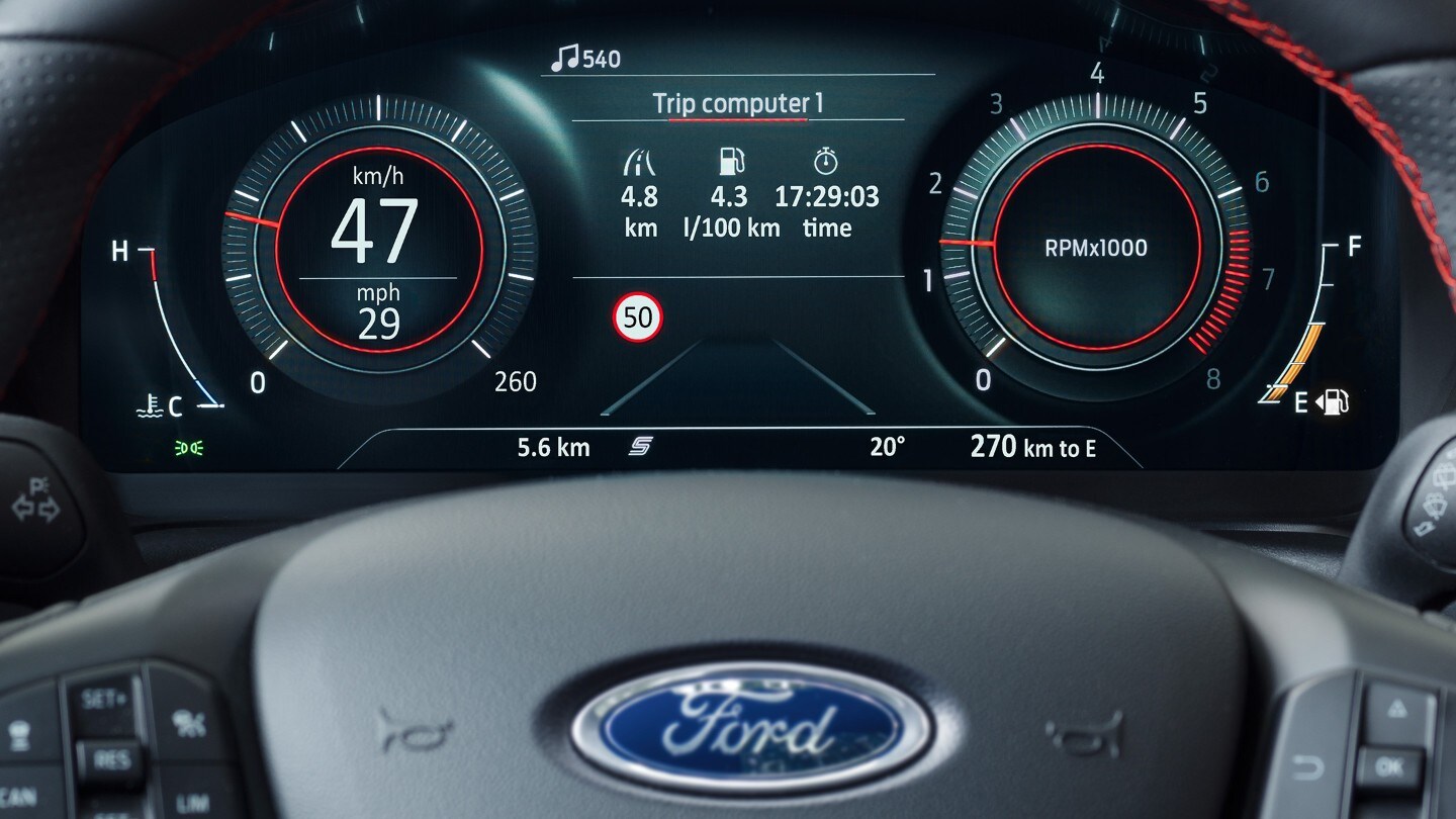 Ford Puma ST close up on cluster indicating traffic sign