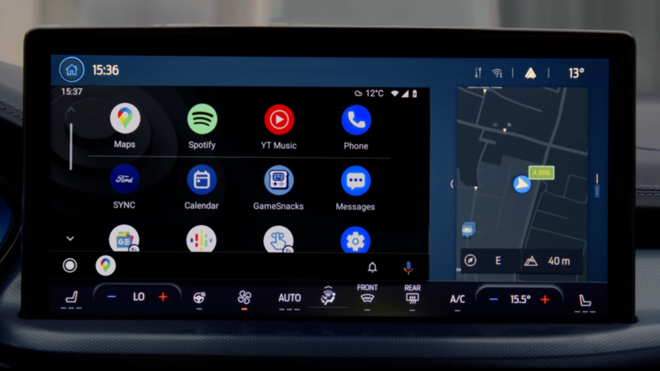 Screen inside a car showing a menu with apps