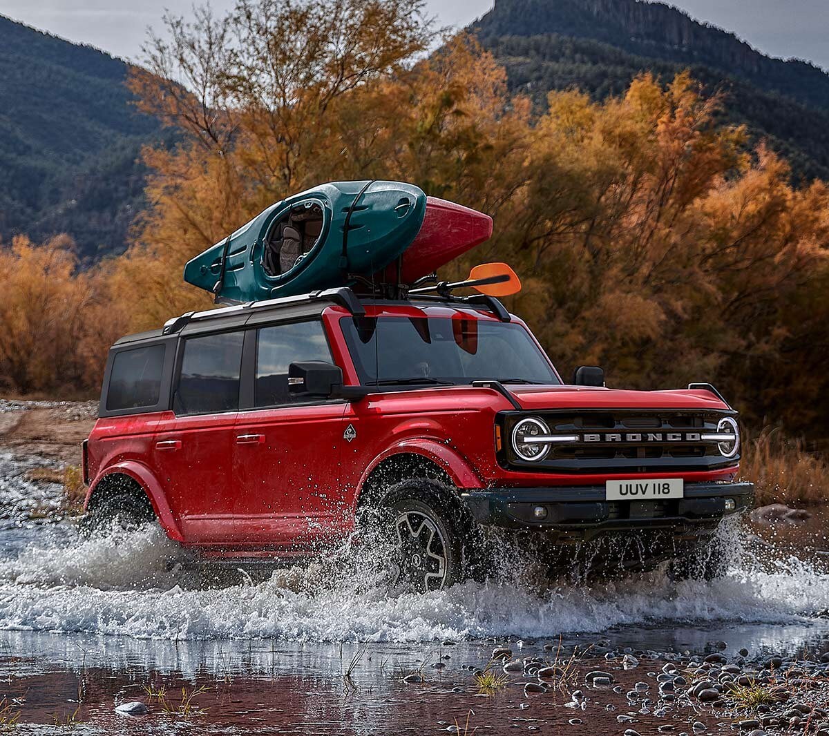 Ford Bronco three quarter front view in river