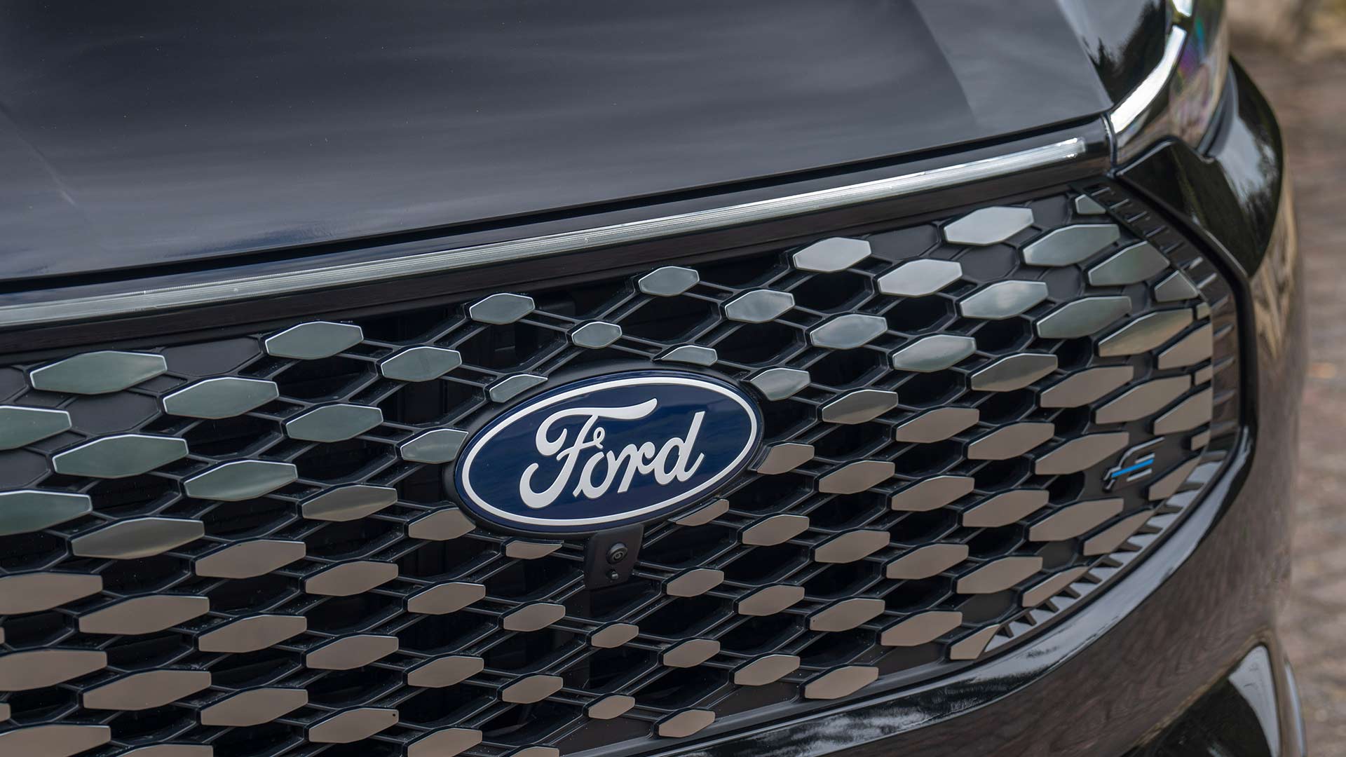 Κοντινή άποψη του λογότυπου της Ford και της μάσκας με σχέδιο στο Ford E-Tourneo Custom.