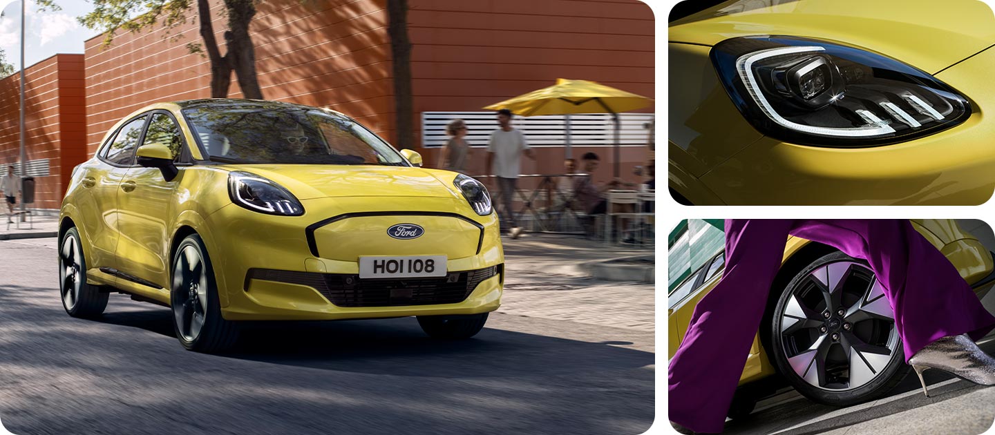 Φωτογραφίες που δείχνουν το κίτρινο Ford Puma Gen-E®, με κοντινά πλάνα των μπροστινών προβολέων και των ζαντών αλουμινίου.