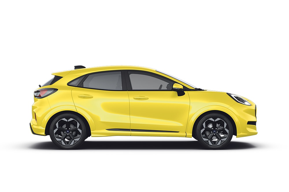 Ένα κίτρινο Ford Puma Gen-E της σειράς των μικρών αυτοκινήτων της Ford.