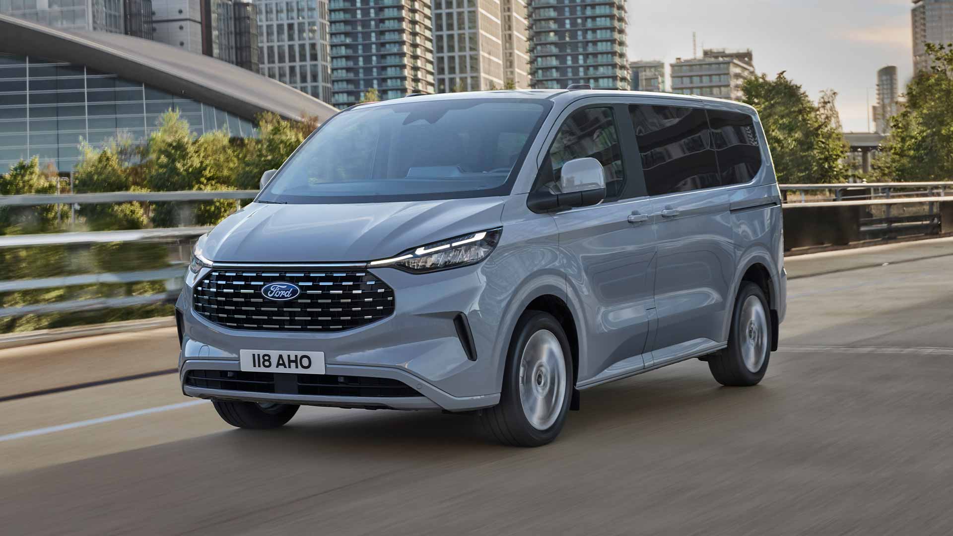 Gray All-New Tourneo Custom on a city street