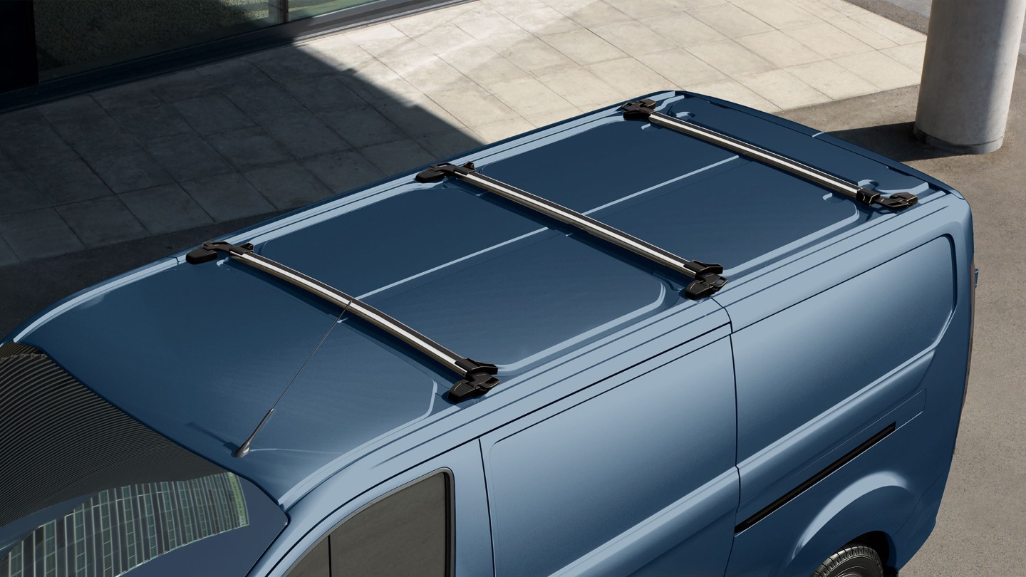 New Blue Ford Transit Custom with roof rack