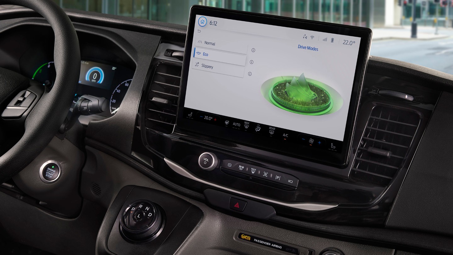 Ford E-Transit interior view of drive modes on dashboard screen