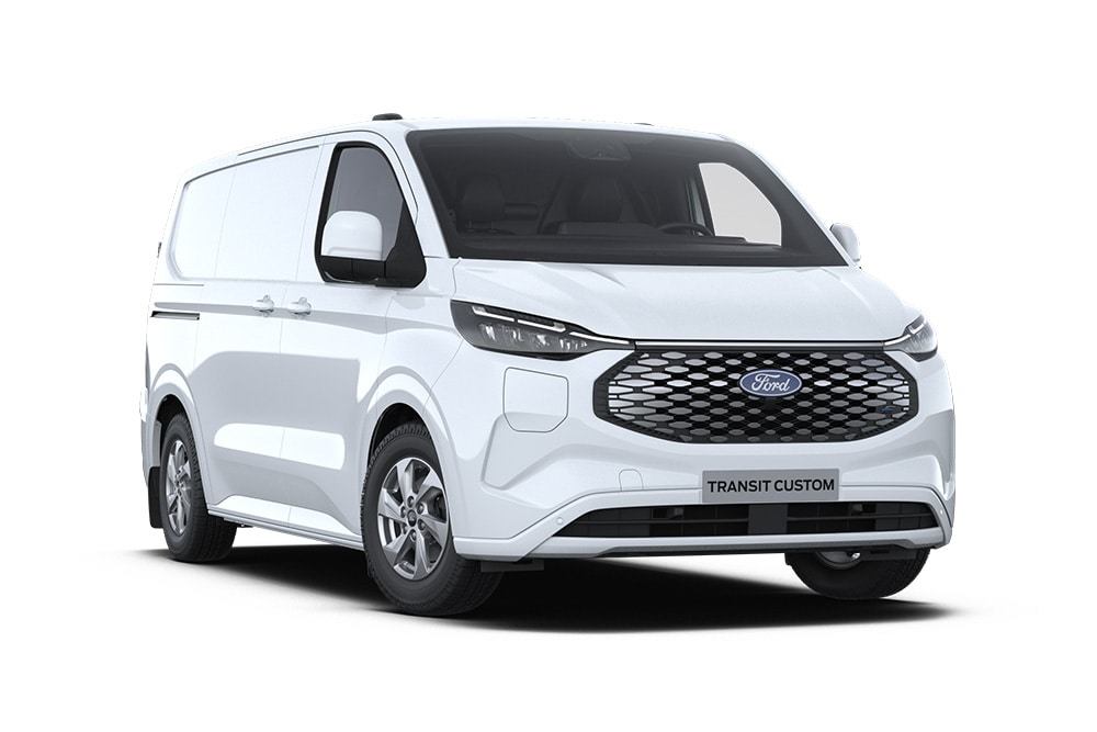 Λευκό ηλεκτρικό van Ford E-Transit Custom, μπροστινή άποψη.