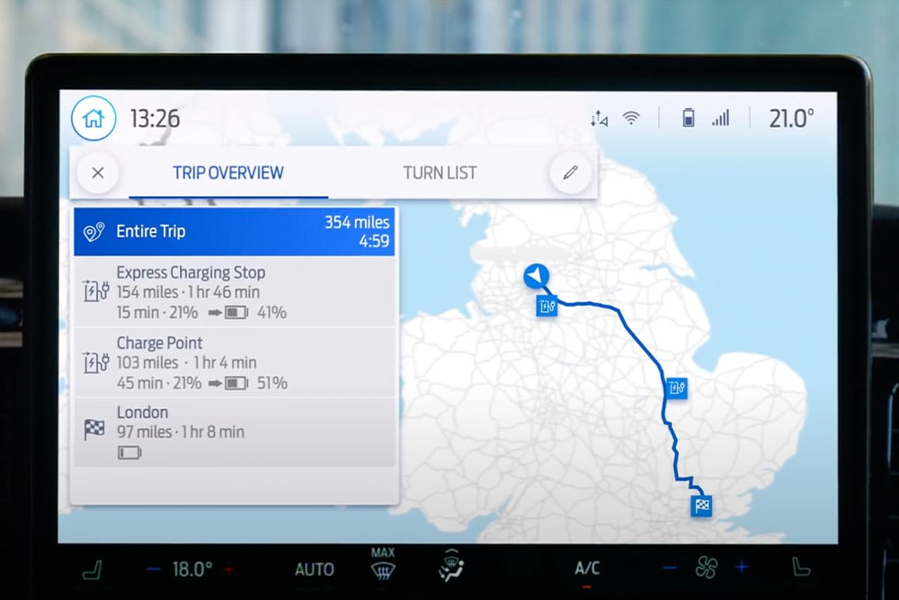 Οθόνη πλοήγησης ενός Ford E-Transit Custom που δείχνει μια επισκόπηση διαδρομής.