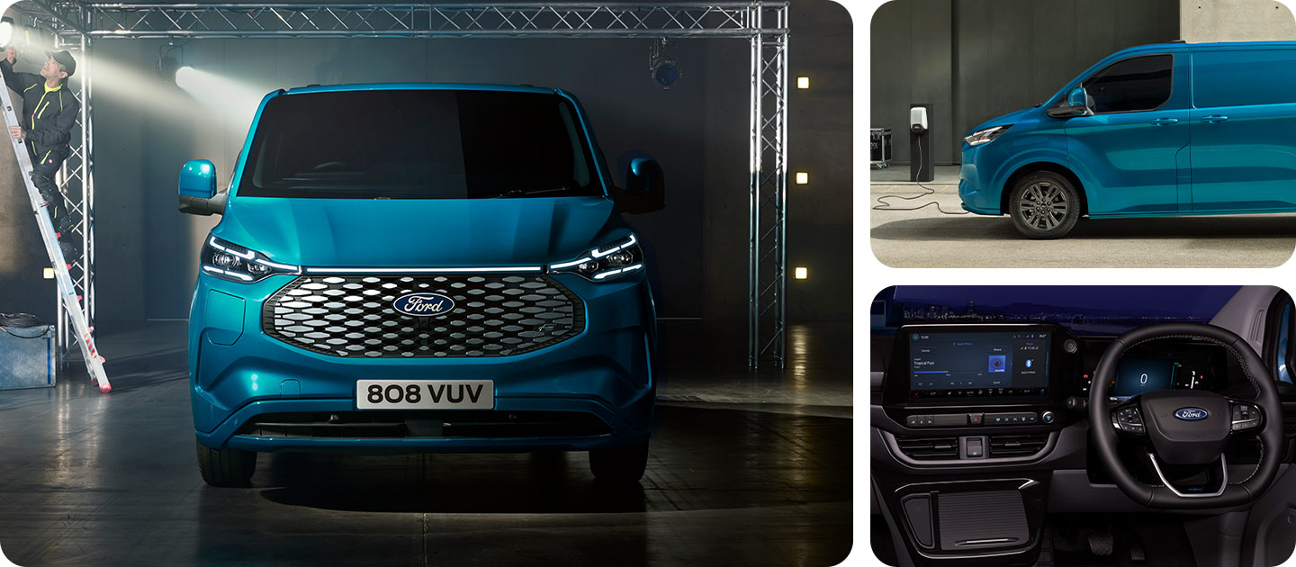 Μπλε Ford E-Transit Custom van, μπροστινή γωνιακή άποψη.