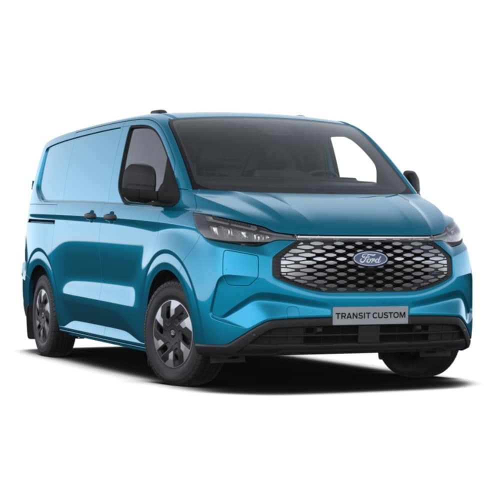 Λευκό ηλεκτρικό van Ford E-Transit Custom, μπροστινή άποψη.