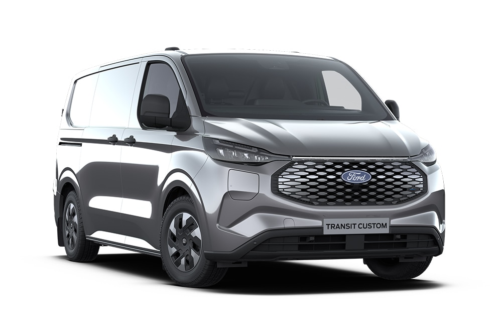 Σκούρο γκρι Ford E-Transit Custom Trend van, μπροστινή άποψη.