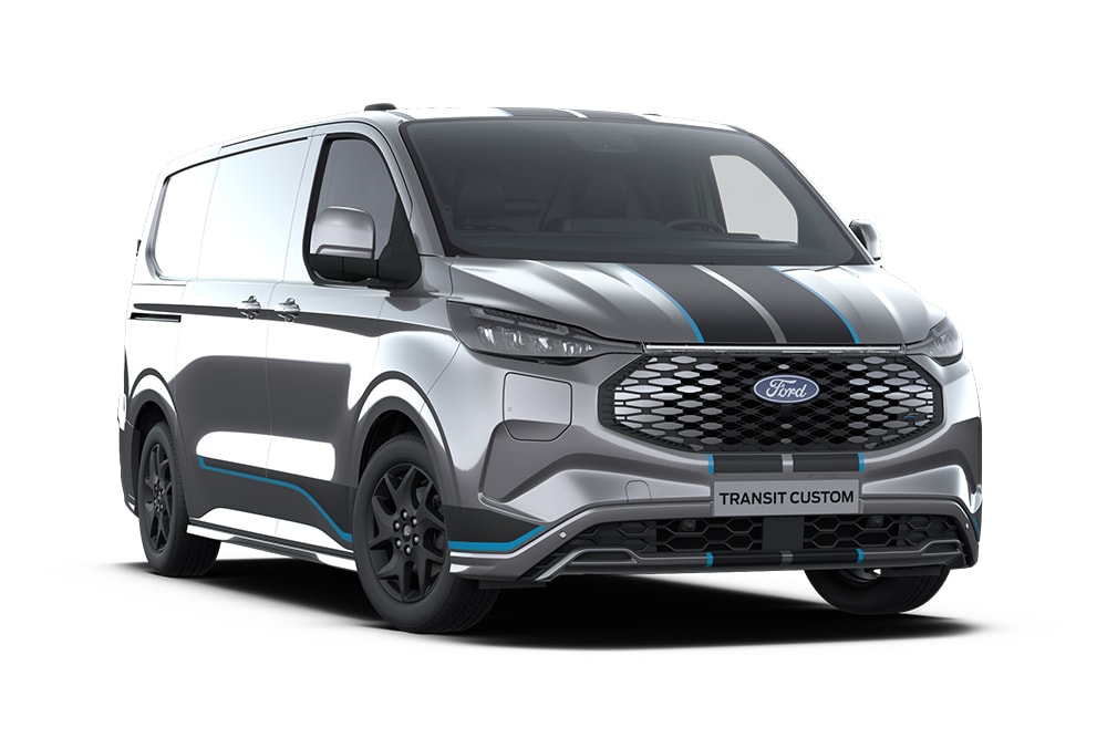 Σκούρο γκρι Ford E-Transit Custom Sport van, μπροστινή άποψη.