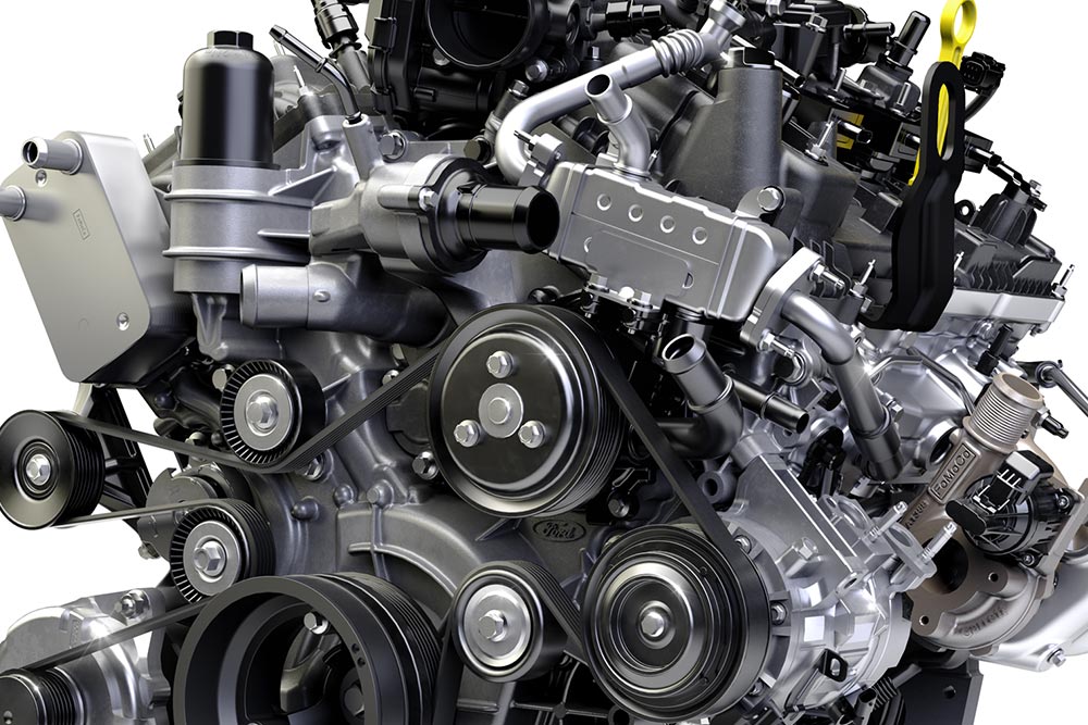 Κοντινό πλάνο στον κινητήρα EcoBoost V6 3,0 λίτρων ενός Ford Ranger Raptor.