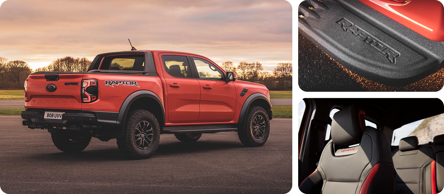 Μοντάζ τριών εικόνων ενός Ford Ranger Raptor σε Code Orange: πίσω όψη τριών τετάρτων, κοντινό πλάνο στις λεπτομέρειες του πίσω προφυλακτήρα και κοντινό πλάνο στις λεπτομέρειες του καθίσματος.