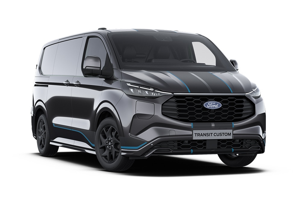 Σκούρο γκρι Sport Ford Transit Custom van με μπλε λεπτομέρειες.