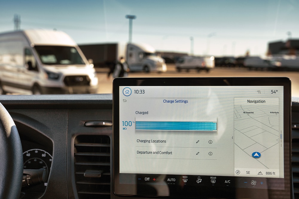 Πίνακας οργάνων του Ford Transit Custom που δείχνει πληροφορίες φόρτισης.