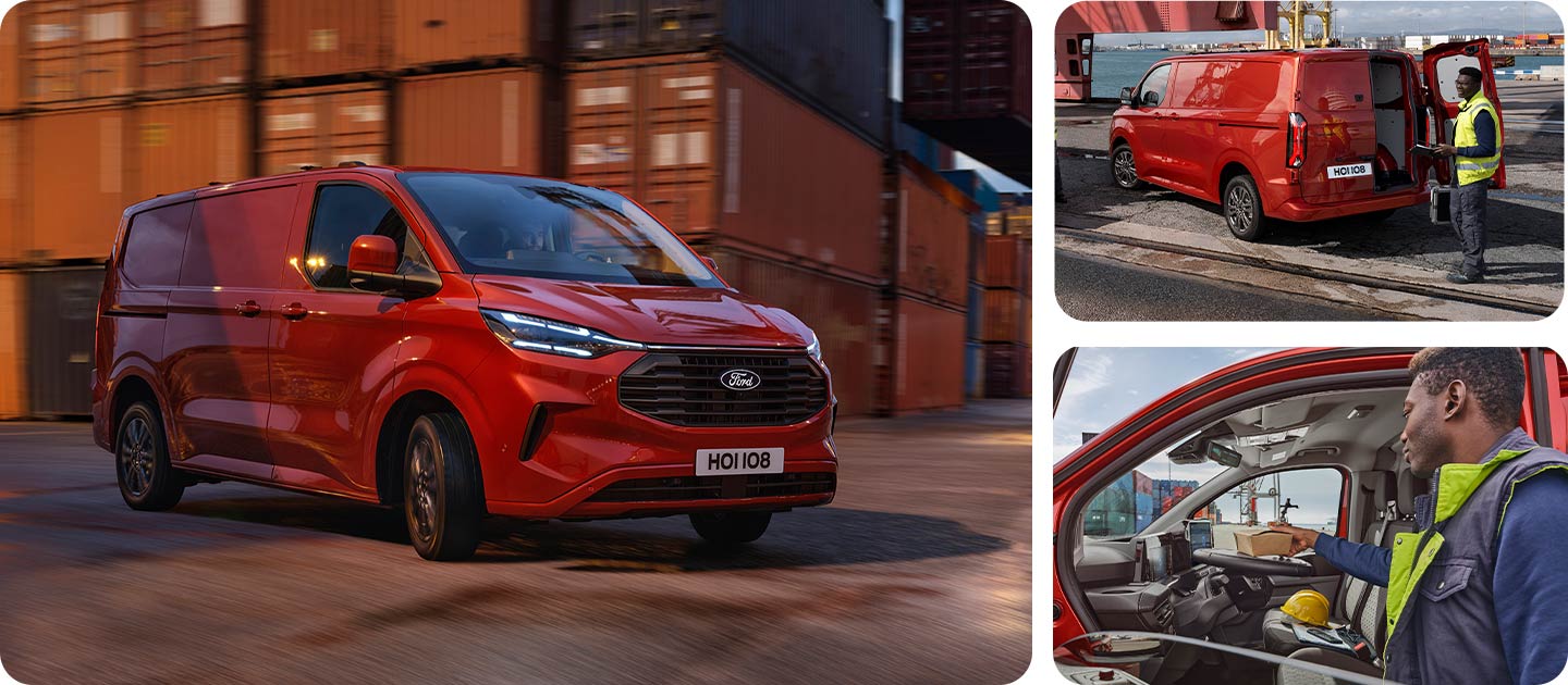 Κόκκινο Ford Transit Custom van που περνάει από μια προβλήτα. 