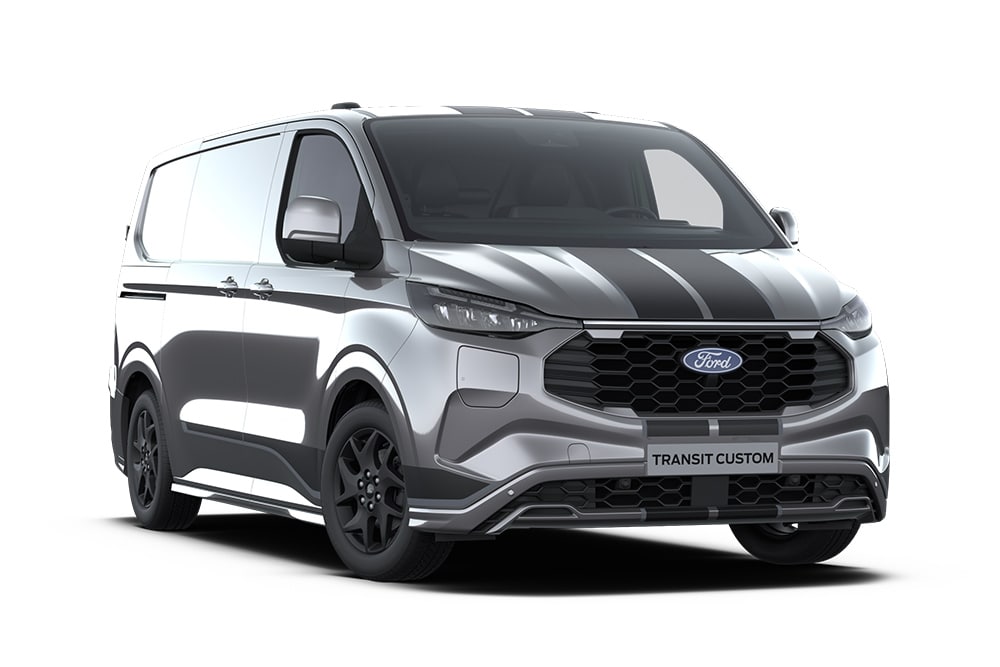 Σκούρο γκρι Ford Transit Custom Plug-In Hybrid Sport.