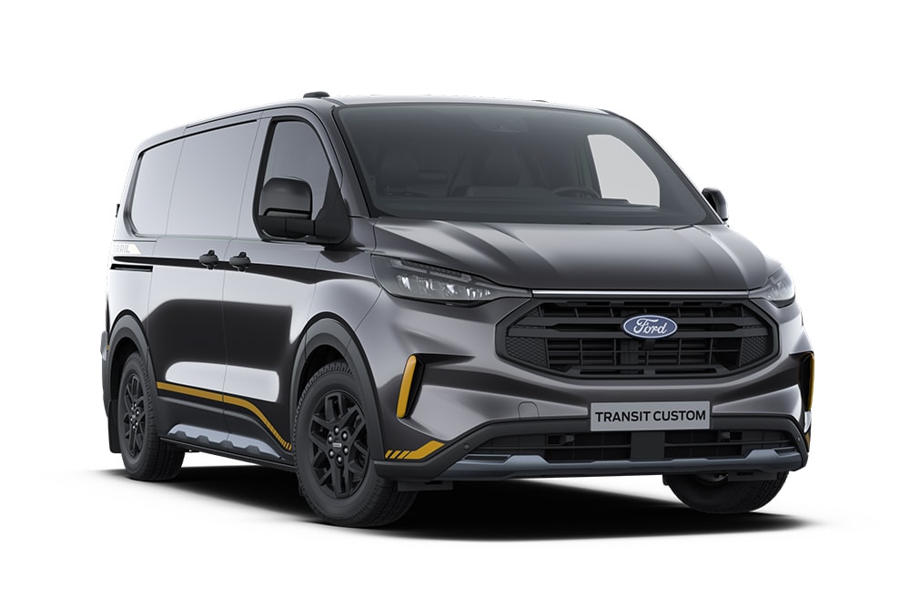 Γκρι Ford Transit Custom Trail van με κίτρινες λεπτομέρειες.