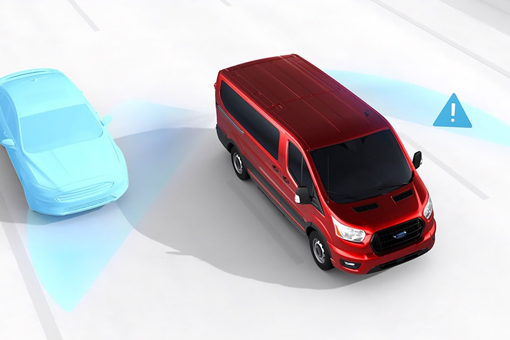 Εναέρια γραφική απεικόνιση ενός κόκκινου Ford Transit van με εικονίδια προειδοποίησης ασφαλείας.