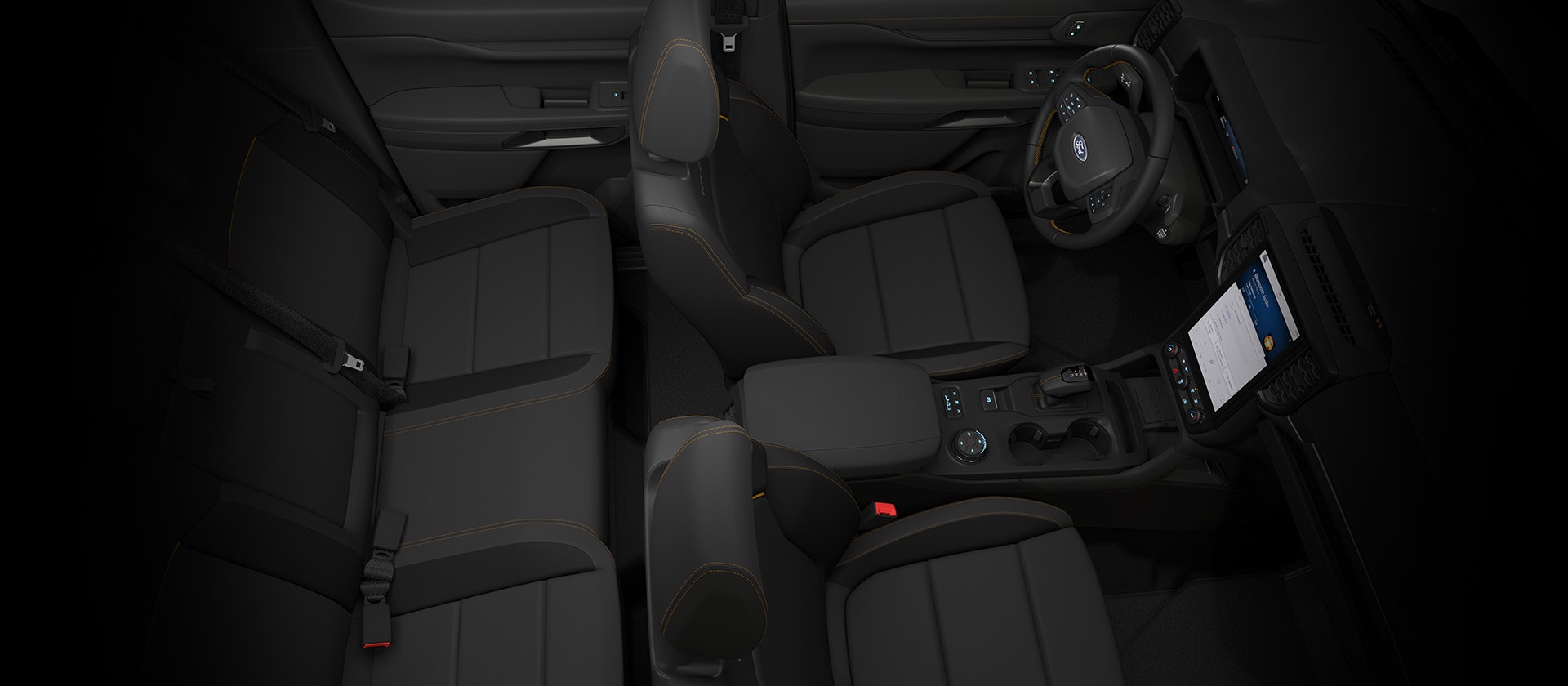 Άποψη από πάνω προς το εσωτερικό ενός Ford Ranger Double Cab, όπου φαίνεται το ταμπλό.