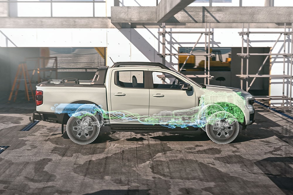 Βίντεο timelapse με ένα Ranger PHEV σε εργοτάξιο που παρουσιάζει την τεχνολογία υβριδικής μετάδοσης κίνησης.