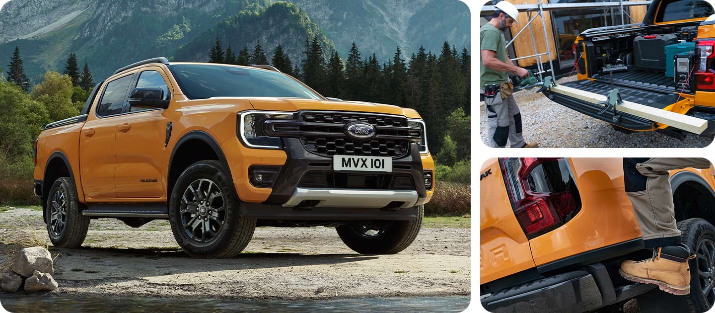 Ένα κίτρινο Ford Ranger Wildtrak σταθμευμένο σε βραχώδες έδαφος με φόντο το βουνό.