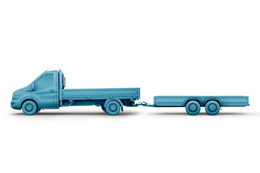 Μπλε σκίτσο ενός Ford Transit Chassis Cab με ρυμουλκούμενο. 