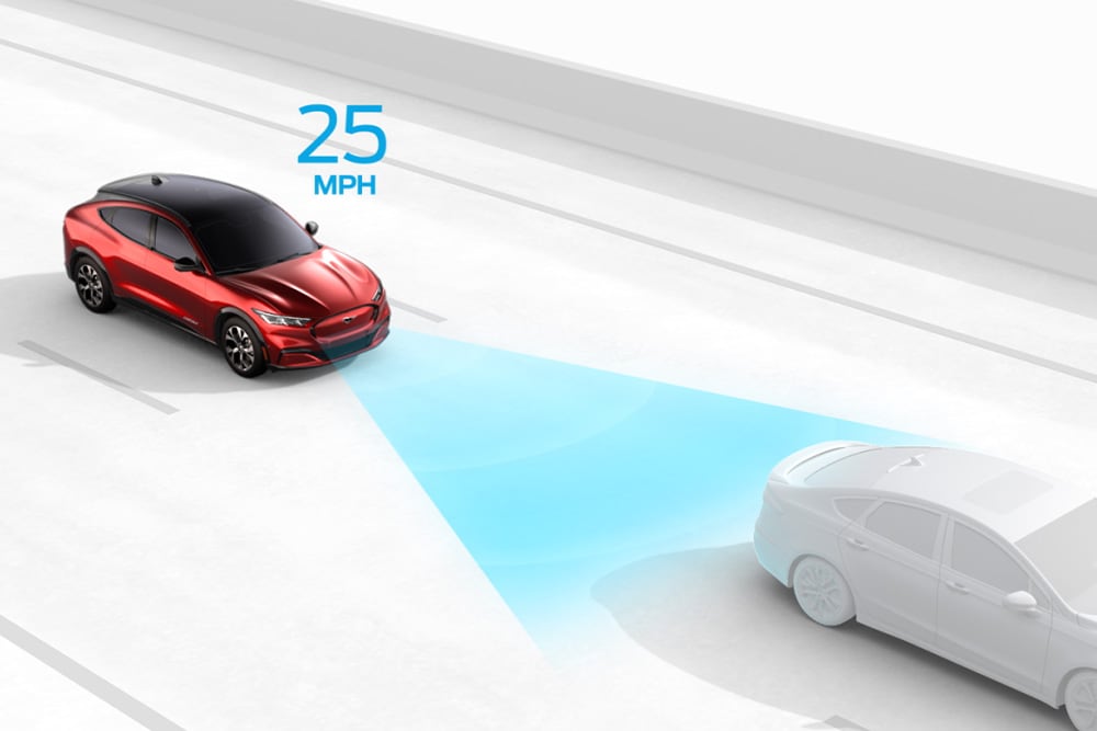 Γραφικό που απεικονίζει το έξυπνο σύστημα υποβοήθησης ταχύτητας σε ένα όχημα Ford.