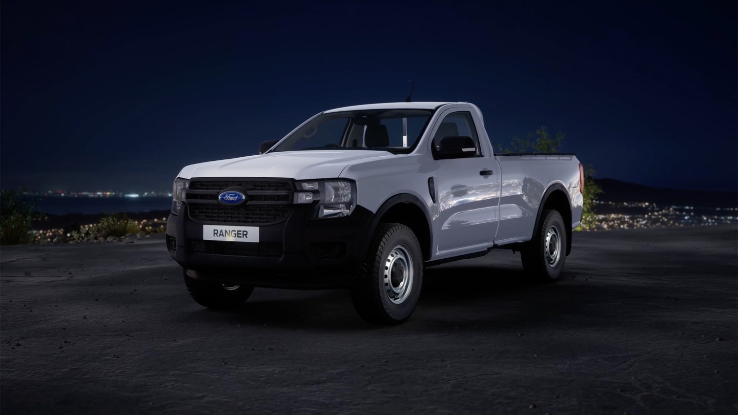 All-New Ford Ranger in frozen white parked near mountain road 3/4 front view