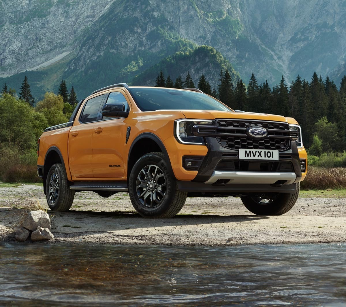 All-New Ford Wildtrak parked near mountains 3/4 front view