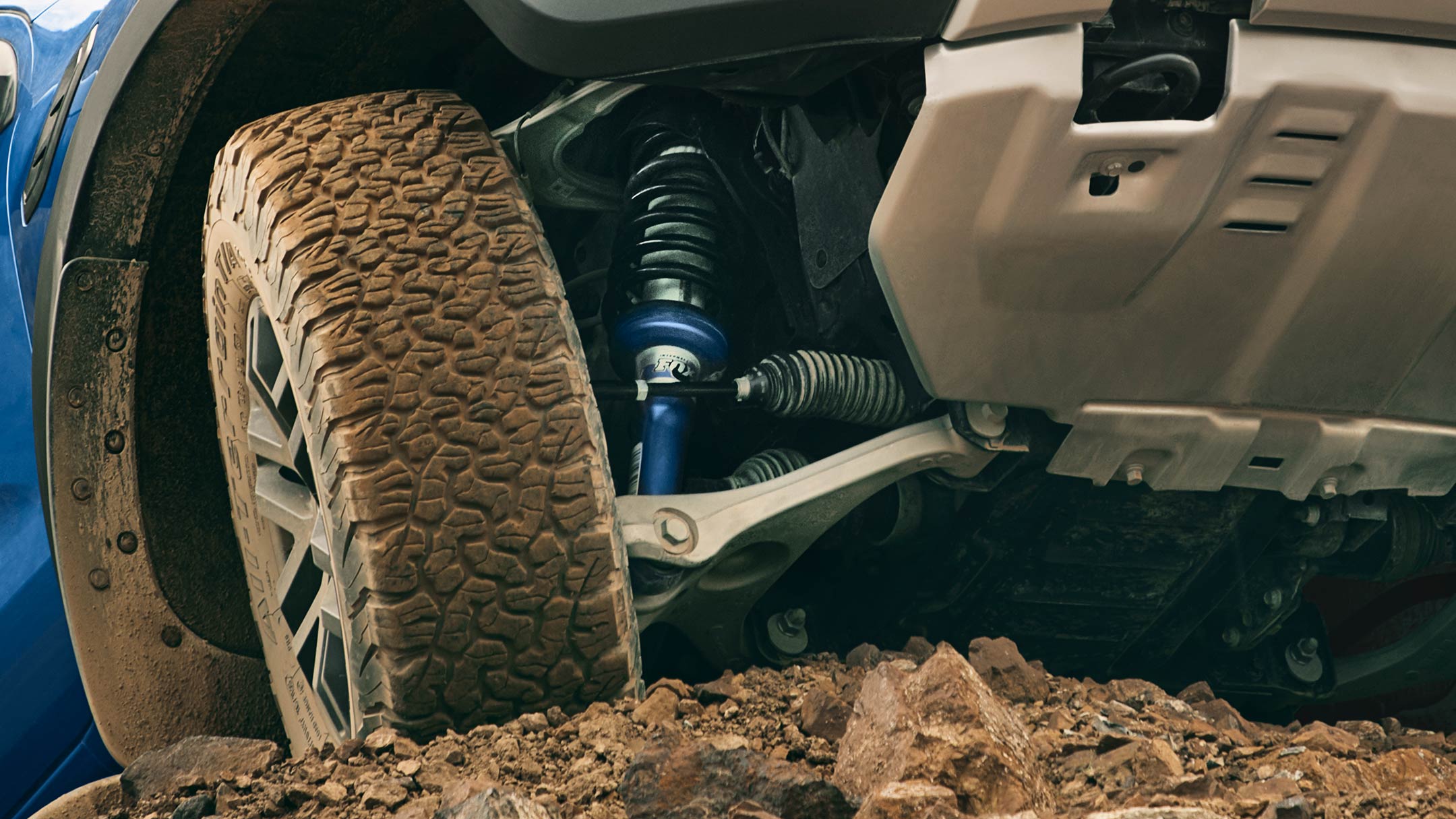Ford Ranger Raptor showing close up of FOX suspension