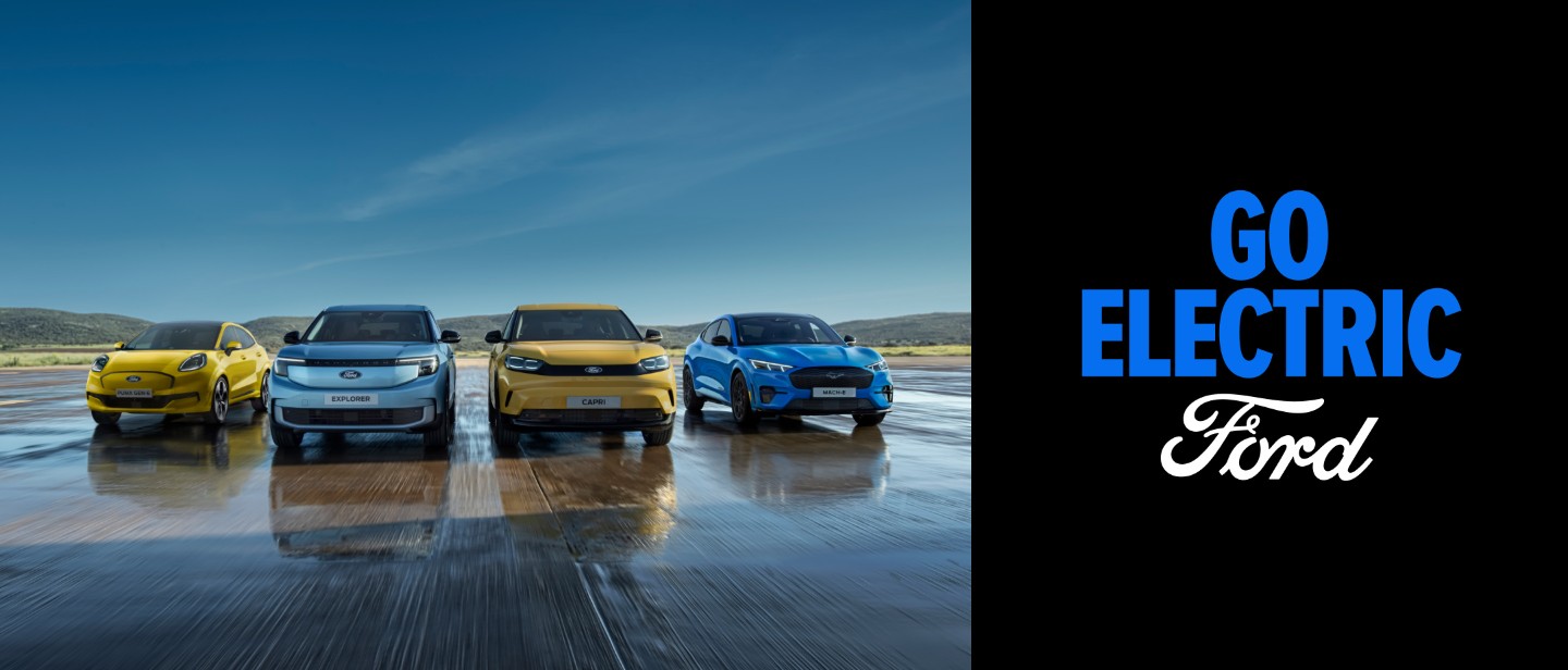 Řada elektromobilů Ford s modely Ford Puma Gen-E, Ford Explorer, Ford Capri a Ford Mustang Mach-E.